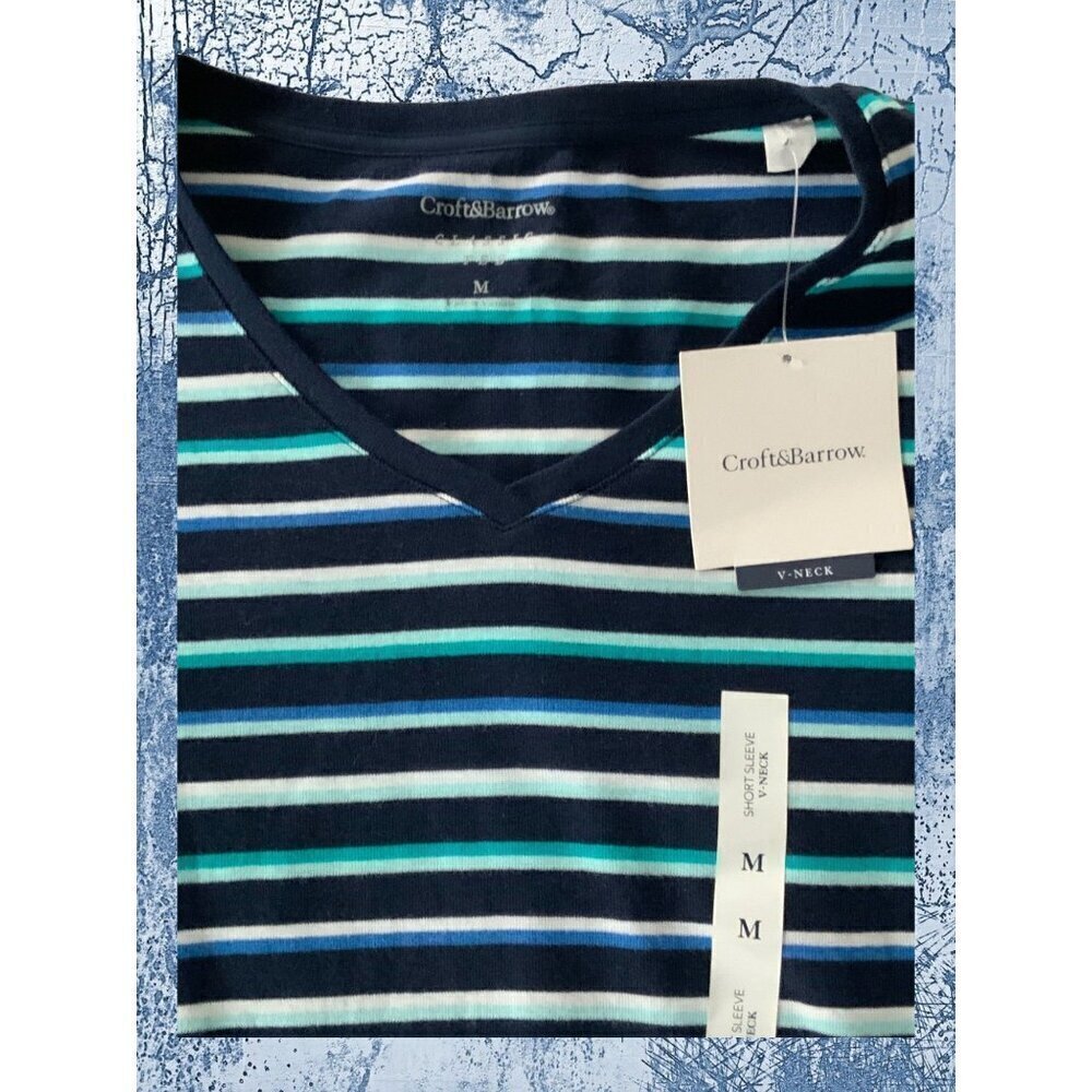 Croft & Barrow classic vneck short sleeve blue striped pullover tee NEW Medium - Picture 3 of 8
